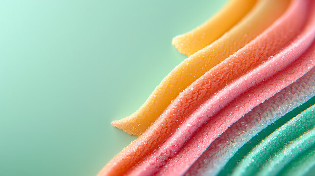 A minimalist dream! A close-up view of colorful cake slices arranged in a diagonal line, showcasing contrasting textures and vibrant frosting details. The background is a calming pastel green