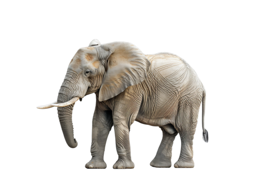 Photo of adult African Elephant facing side walking. Isolated on white background.