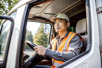 Asian Truck Driver with Cap and Safety Vest
