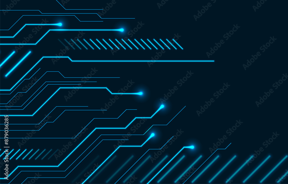Poster Abstract blue neon technology background with circuit board lines. Futuristic computer chip vector design