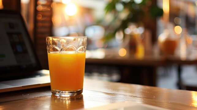 Glass of orange juice beside the laptop on the table