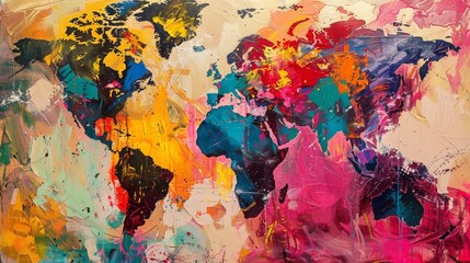 An abstract world map painting, using bold brushstrokes and bright colors to create a modern art piece