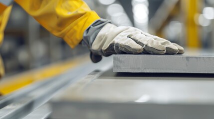 Fototapeta premium Alloy slabs being carefully inspected by a craftsman, attention to detail in the final stages of production, ensuring top-tier quality