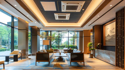 Modern Integrated Ceiling Air Conditioning System Enhancing Comfort in Stylish Hotel Lobby