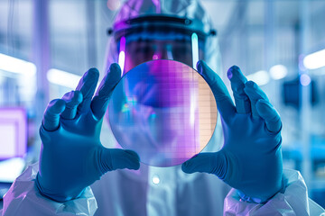 Technician in a protective suit holding a semiconductor wafer inside a fabrication plant