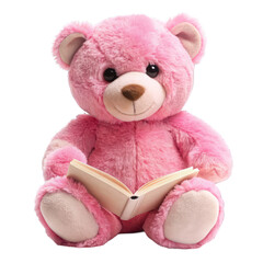 Pink plush teddy bear with a book isolated on transparent background