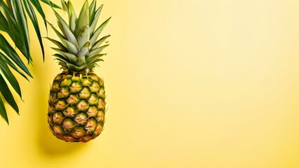 Fresh Pineapple with Palm Leaf on Yellow Background.