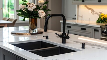 Double bowl black faucet on stainless steel undermount kitchen island sink