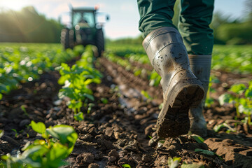 Close-up of a farmer’s feet in rubber boots walking in a field with green plants and an agricultural vehicle in the background
