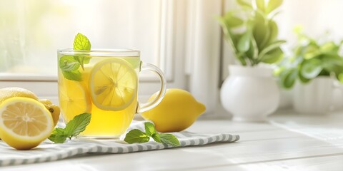 Fototapeta premium Bright kitchen with lemon mint herbal tea, a revitalizing detox beverage. Concept Detox Beverages, Herbal Tea, Bright Kitchen, Lemon Mint, Refreshing Drink