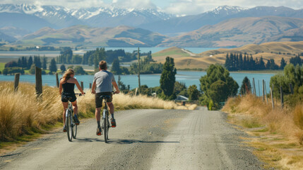 Obraz premium Happy Couple Cycling Together on Scenic Route, Promoting Healthy and Active Lifestyle