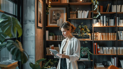 Young woman using a tablet in a stylish library setting