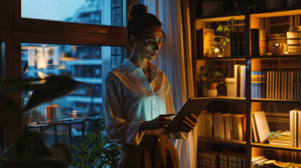 A business analyst focuses on data visualization on a large interactive screen in a modern office.