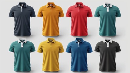 Mockup template of plain collared shirt front back view on white background with various color options for tee designs