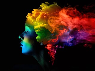 Silhouette of a woman's face made of multi-colored Holi colors on a black background. Artificial intelligence. 