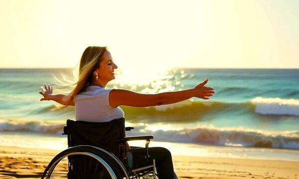 woman with wheelchair on the beach