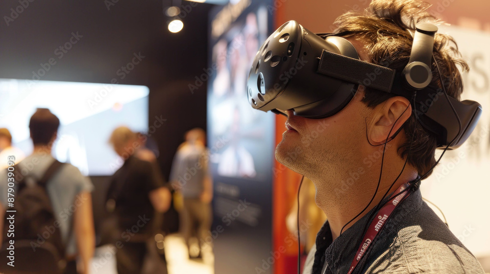 Poster Immerse in a Virtual Reality World: Man Engaging with VR Goggles in a Digital Environment