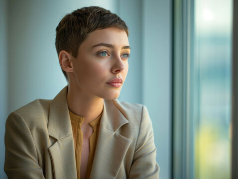 Confident woman with a pixie haircut, standing in an office and looking outside.