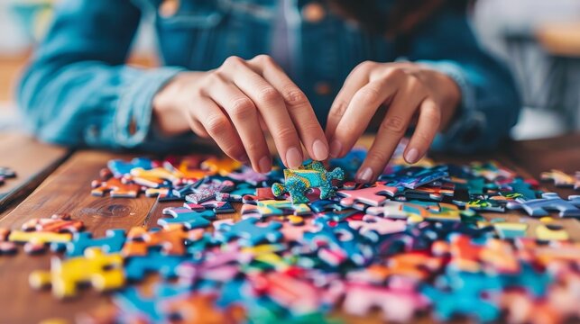An adult woman doing a puzzle on a dining table, surrounded by colorful pieces