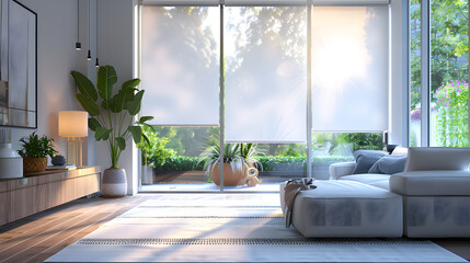 Interior roller blinds are installed in the living room, featuring white colored roller shades on the windows