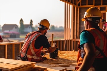 Highly skilled carpenters meticulously building a house with sturdy wooden beams