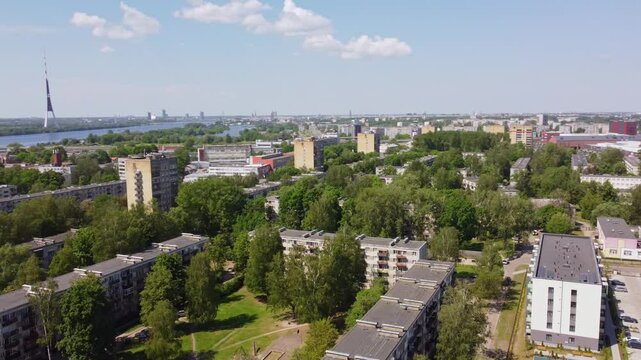 Soviet-built apartment buildings in Ryga suburbs, aerial drone view