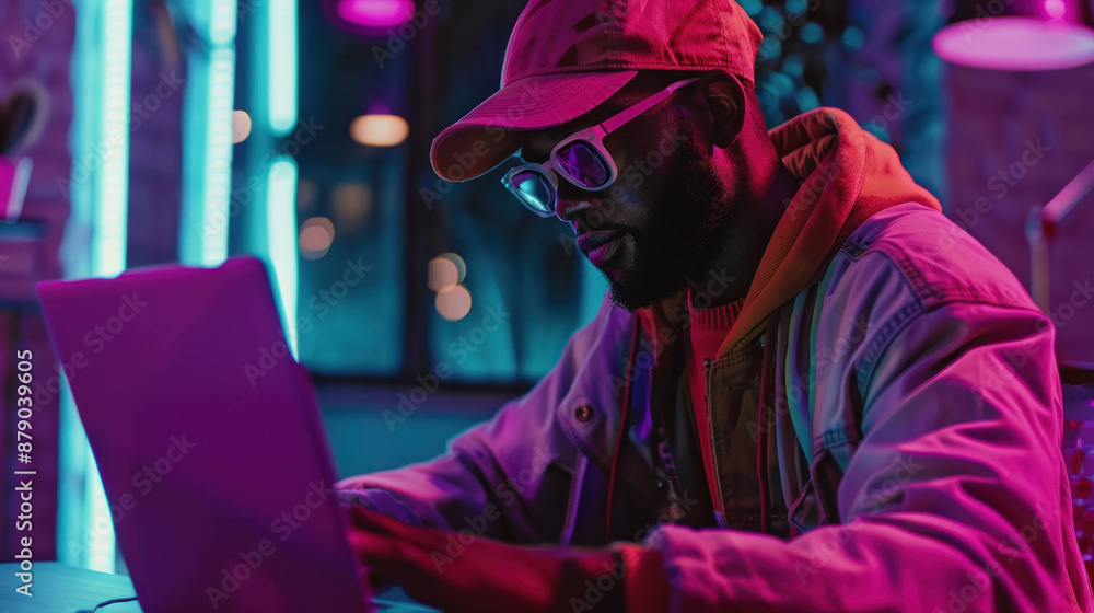 Poster Illuminated Coding: Developer Working on Laptop in Neon-Lit Dark Room
