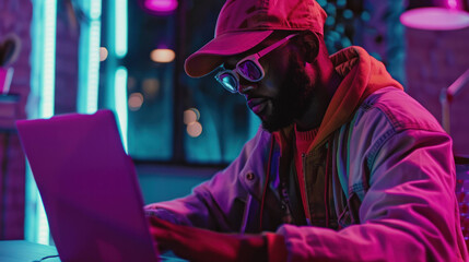 Fototapeta premium Illuminated Coding: Developer Working on Laptop in Neon-Lit Dark Room