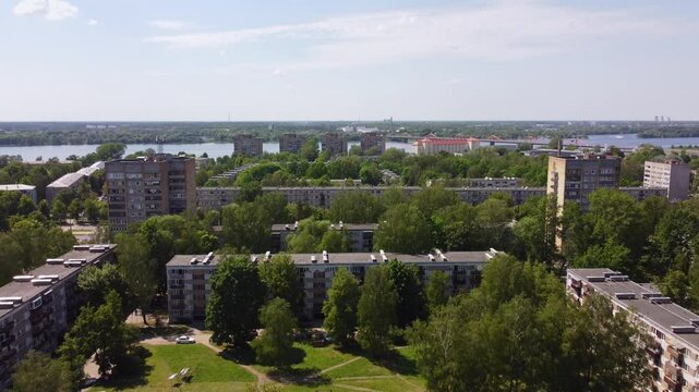 Old apartment buildings with green area in Kengarags, Ryga, aerial view
