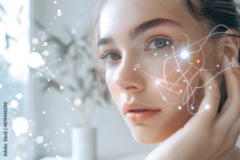 Poster womans face with digital overlay showing facial features and data, symbolizing technology and biomet