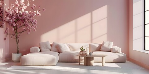 Pink Japandi living room with sofa and coffee table in powder color. Concept Pink Japandi Style, Powder Color Palette, Living Room Decor, Sofa and Coffee Table