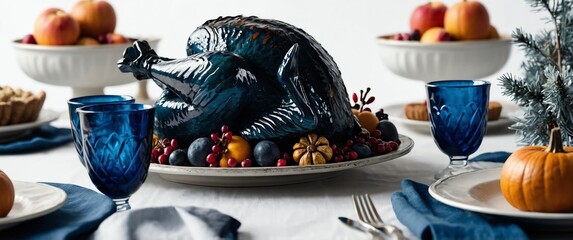 blue theme thanksgiving holiday decor on plain white background for banner copy space