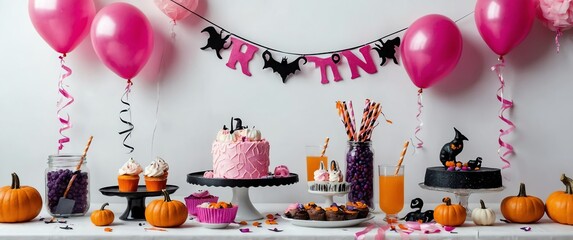 pink theme halloween celebration on plain white background for banner copy space