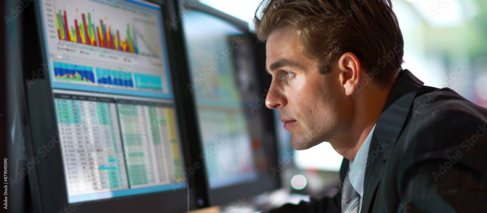 Poster busy businessman studying financial data on computer screen in office environment