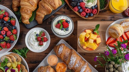 A brunch spread featuring an assortment of croissants, muffins, fruit bowls, yogurt parfaits, and fresh juices, beautifully arranged on a wooden table