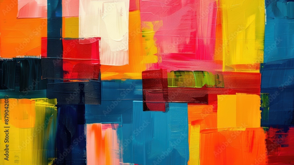 Poster a vibrant and dynamic abstract composition with bright rectangular shapes in a harmonious blend of c