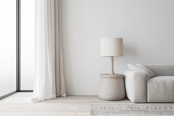 Contemporary living room interiors with minimal designer furniture, natural window lighting and mute colors. Residential Real Estate interior design composition with copy space.