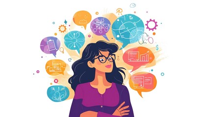 Woman with glasses thinking and surrounded by thought bubbles containing various business-related icons.