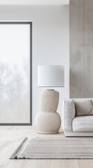 Fototapeta premium Contemporary living room interiors with minimal designer furniture, natural window lighting and mute colors. Residential Real Estate interior design composition with copy space.