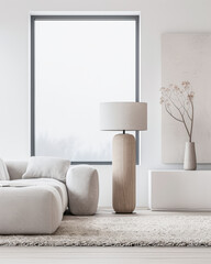 Contemporary living room interiors with minimal designer furniture, natural window lighting and mute colors. Residential Real Estate interior design composition with copy space.