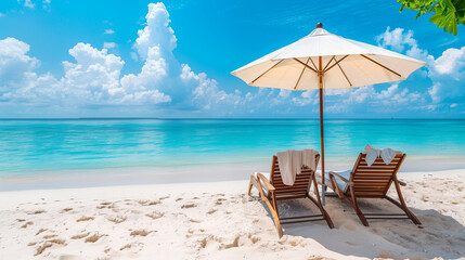 南国の美しいビーチに置かれたビーチチェアとパラソルを描いたAI生成画像