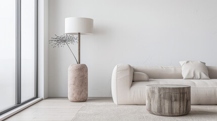 Contemporary living room interiors with minimal designer furniture, natural window lighting and mute colors. Residential Real Estate interior design composition with copy space.