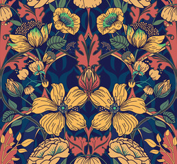 Paradise flowers. Seamless background with patterns and flowers in vintage style. For fabric, wallpaper, printing