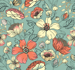 ПечатBig flowers. Seamless background with patterns and flowers in vintage style. For fabric, wallpaper, printingь