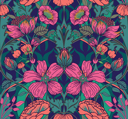 Paradise flowers. Seamless background with patterns and flowers in vintage style. For fabric, wallpaper, printing
