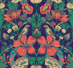 Garden of Eden. Seamless background with birds and flowers in vintage style. For fabric, wallpaper, printing