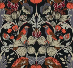Gordijnen Bloemendesign Garden of Eden. Seamless background with birds and flowers in vintage style. For fabric, wallpaper, printing  © alfaolga