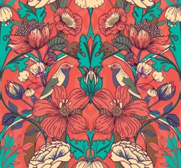 Fotobehang Paradise flowers. Seamless background with patterns and flowers in vintage style. For fabric, wallpaper, printing © alfaolga