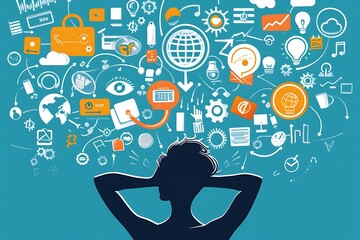 A silhouette of a person with their arms behind their head surrounded by white icons depicting ideas, concepts, and thoughts.