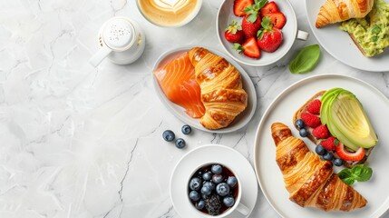 A luxurious breakfast spread featuring croissants, fresh berries, smoked salmon, avocado toast, and a cappuccino, arranged on a marble table in natural light
